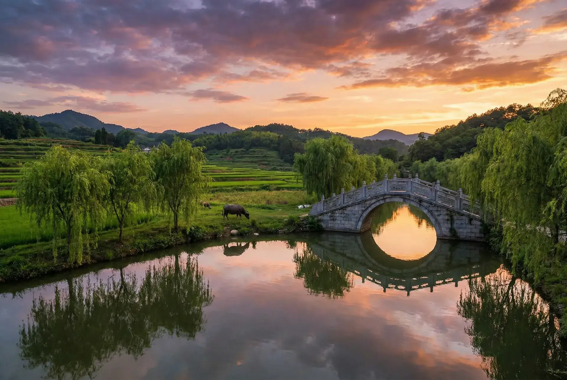 夕阳下的石拱桥与垂柳，水牛在河边吃草 - 快猫在线网站 乡村美景