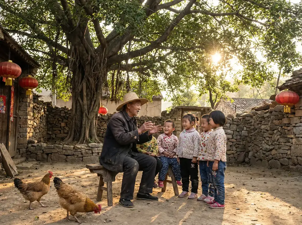 老人在大榕树下给孩子们讲故事 - 快猫在线网站 乡村记忆